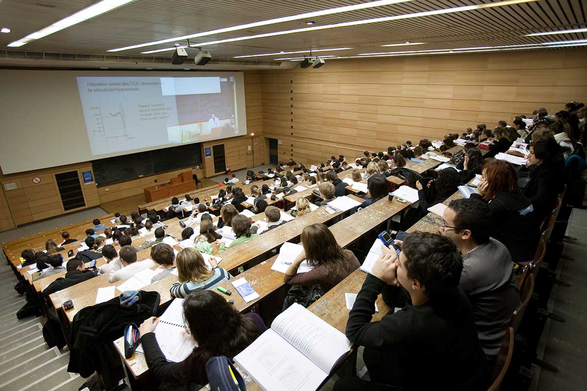 élèves qui suivent un cours dans un amphithéâtre